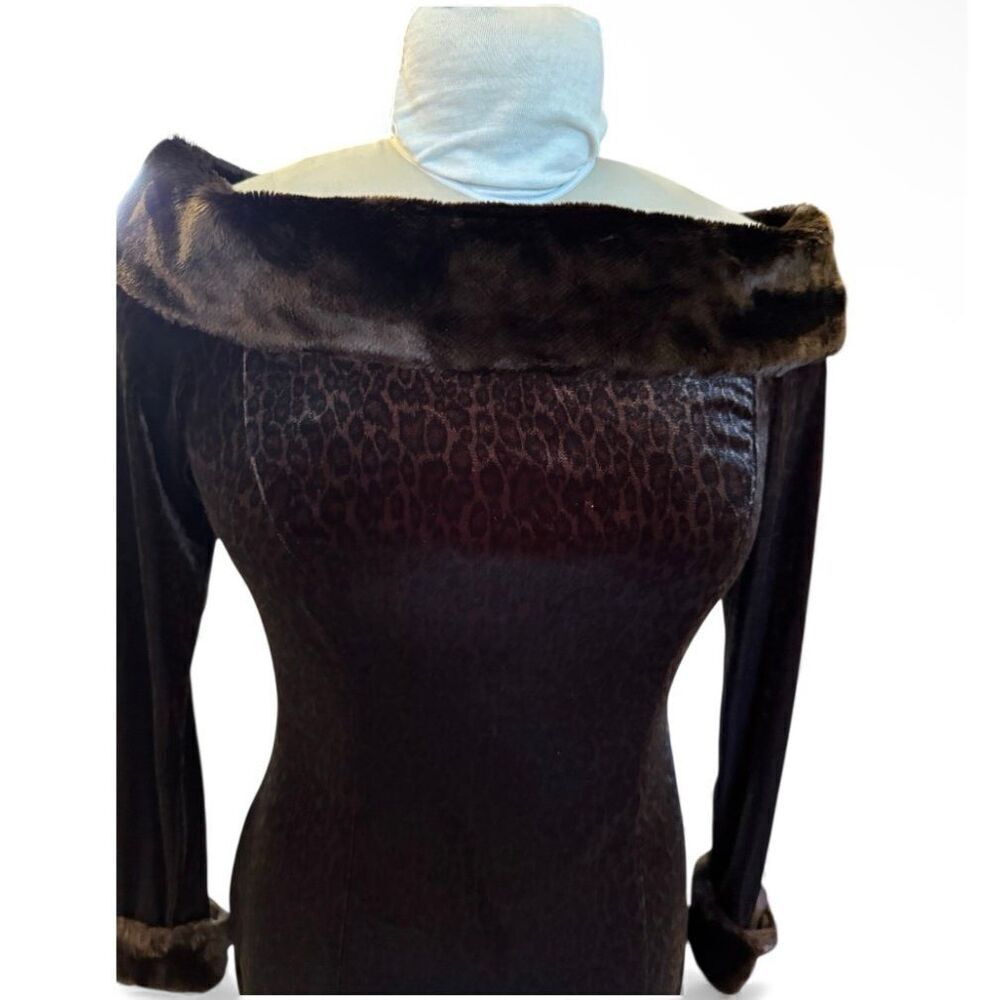 Joseph Ribkoff Vintage Velvet Leopard Off The Shoulder Dress Sz. 6Faux Fur - Picture 2 of 7